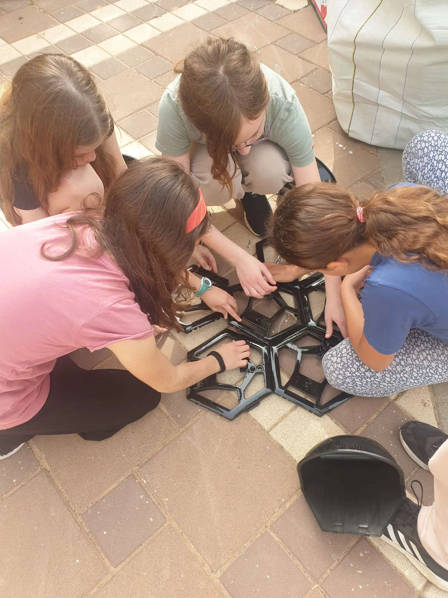 קבוצה של נערות עוסקות בפרויקט גינון, מחברות חלקי חומרי בניין.
